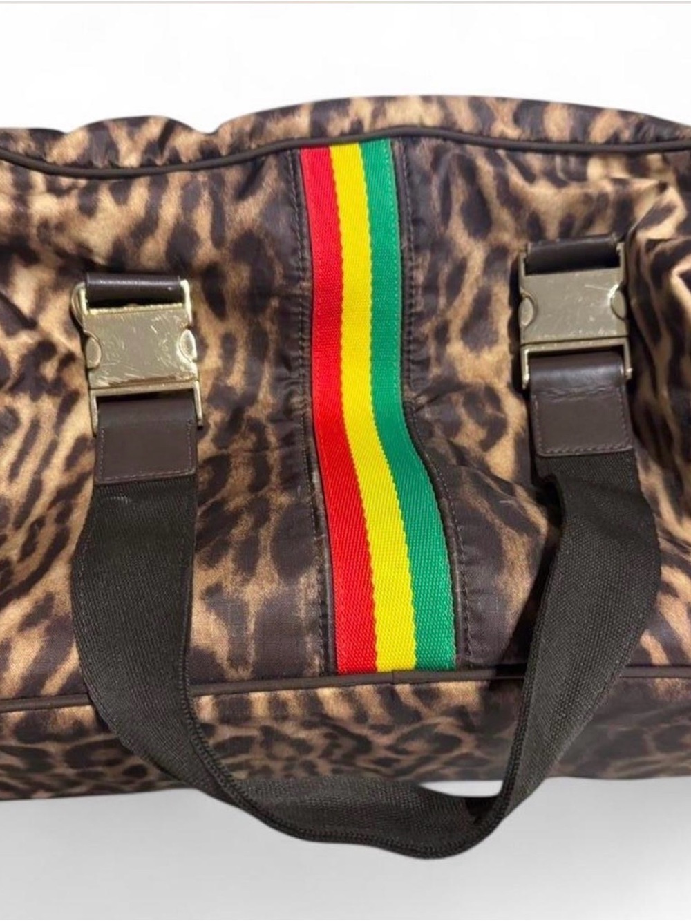 Lesportsac Leopard-Print Duffel with Red, Yellow & Green Stripe